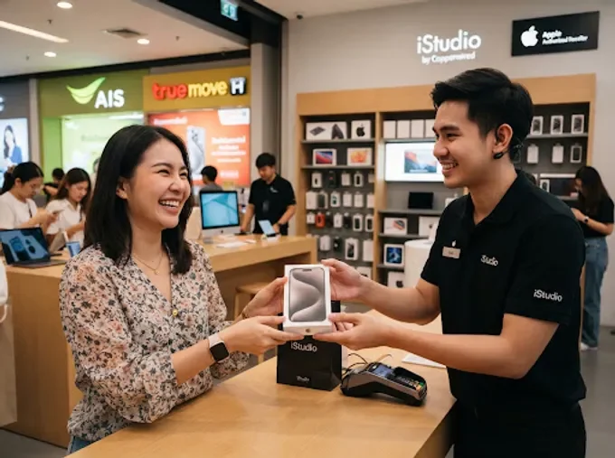ลูกค้ารับ iPhone เครื่องใหม่ที่ร้านร้อยแก้วไอที ทับสะแก