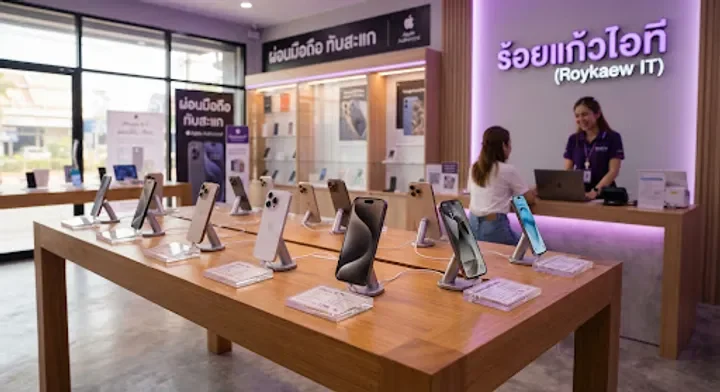 หน้าร้านสมาร์ตโฟนและ iPhone สำหรับบริการผ่อนมือถือ ร้อยแก้วไอที ทับสะแก